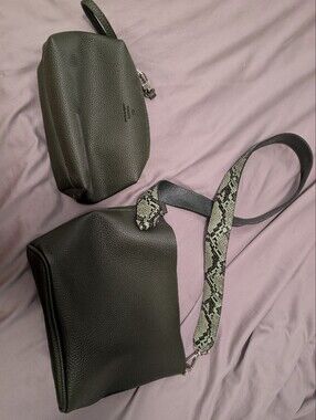 Olive Green Vegan Leather Crossbody Bag with Snake-Print Strap